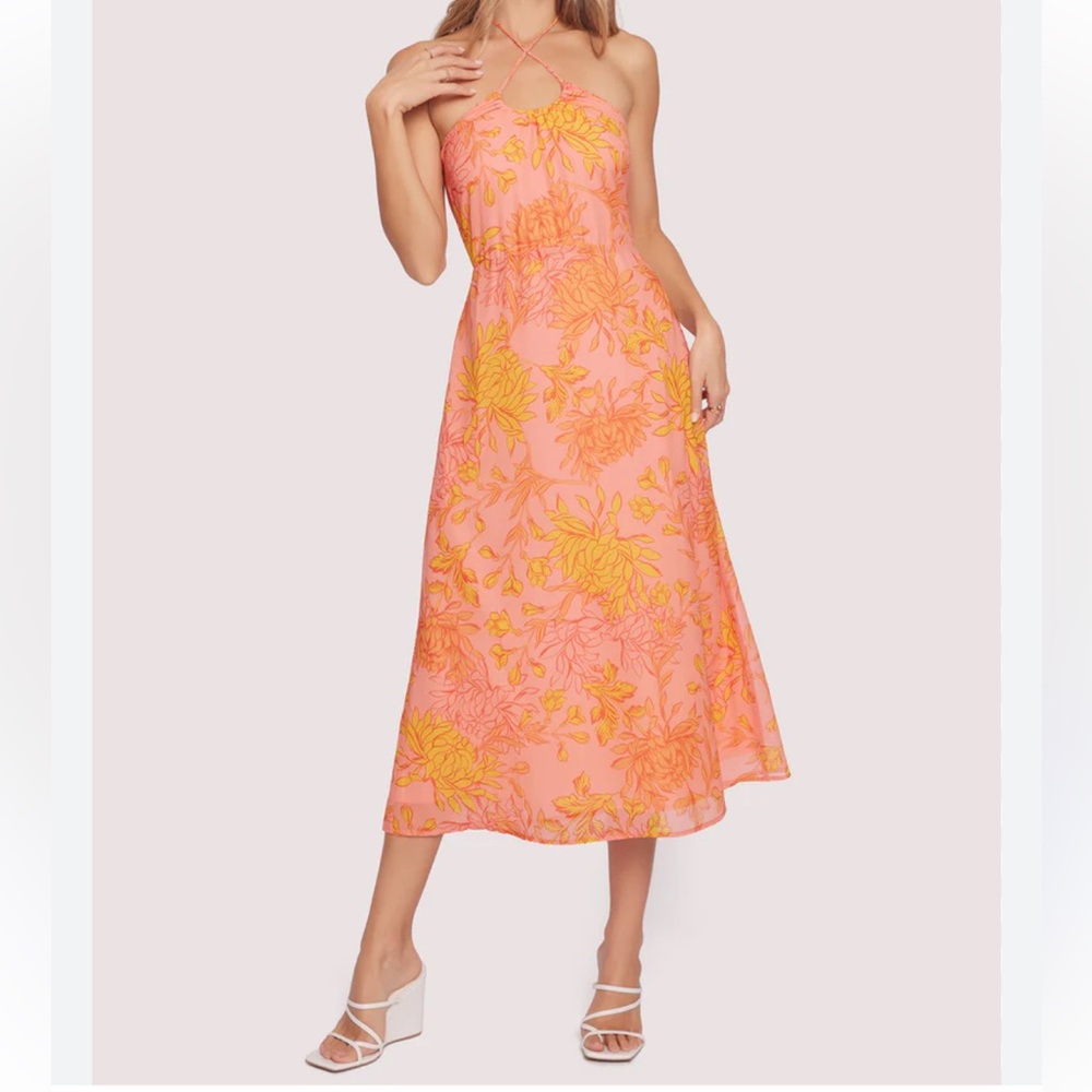 Lost + Wander Peony Delight Midi Dress Orange Floral Cross Strap Smocked-Small